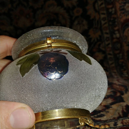 Art Glass Dresser Jar Coralene with hand painted berries Gold Accents with gilt - Estate Fresh Austin