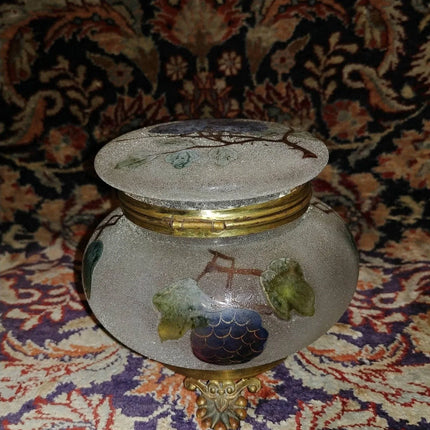 Art Glass Dresser Jar Coralene with hand painted berries Gold Accents with gilt - Estate Fresh Austin