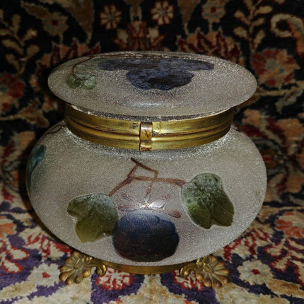 Art Glass Dresser Jar Coralene with hand painted berries Gold Accents with gilt - Estate Fresh Austin