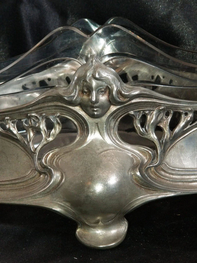 Art Nouveau pewter Centerpiece with Glass Insert WMF, liberty 16.5" wide - Estate Fresh Austin