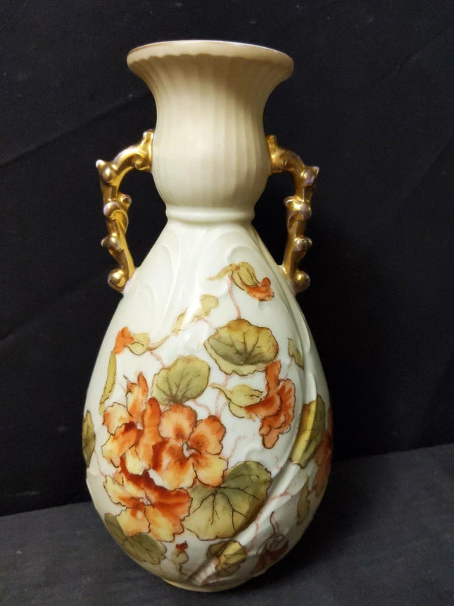 Art Nouveau Royal Rudolstadt embossed Porcelain Hand Painted Floral Vase Gold Ha - Estate Fresh Austin