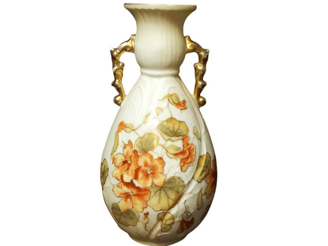 Art Nouveau Royal Rudolstadt embossed Porcelain Hand Painted Floral Vase Gold Ha - Estate Fresh Austin