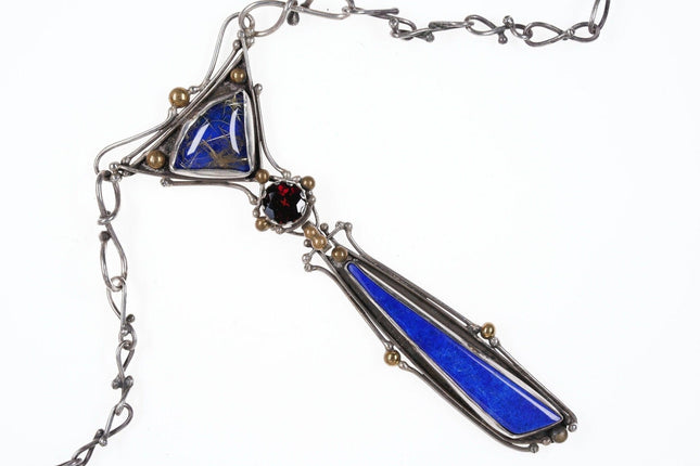 Artisan Sterling, Garnet, Lapis, and Rutilated quartz pendant/necklace signed Di - Estate Fresh Austin