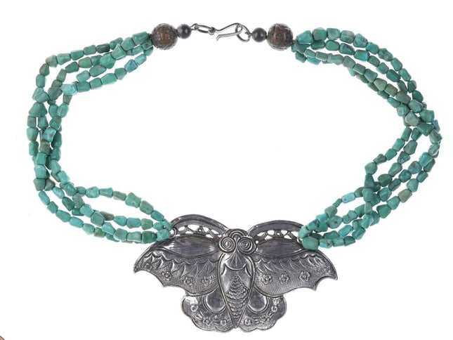 Artisan Sterling silver Oversized moth pendant strung on turquoise beads - Estate Fresh Austin