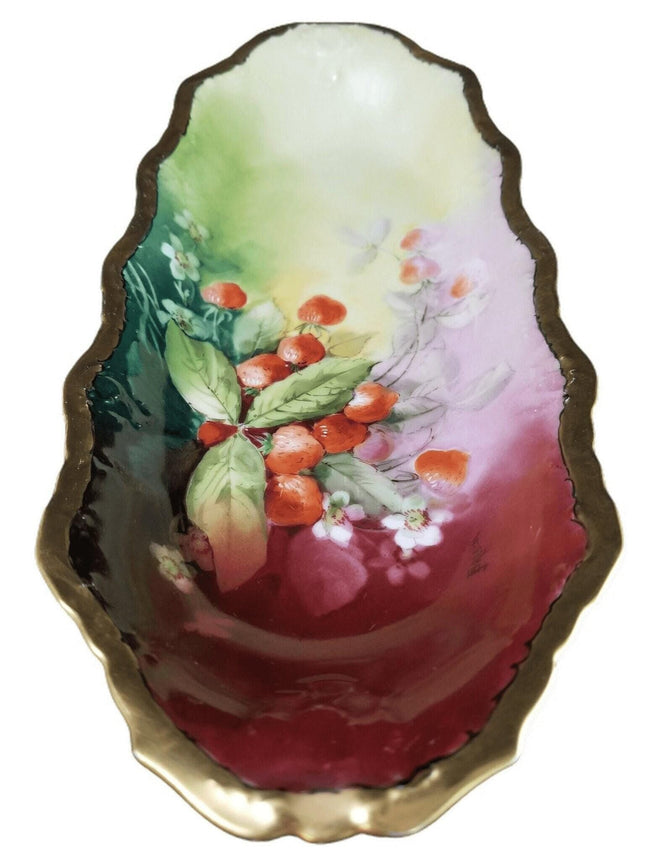 Artist Signed Brauer Limoges Hand Painted Strawberries Gold Large Celery Dish 13 - Estate Fresh Austin