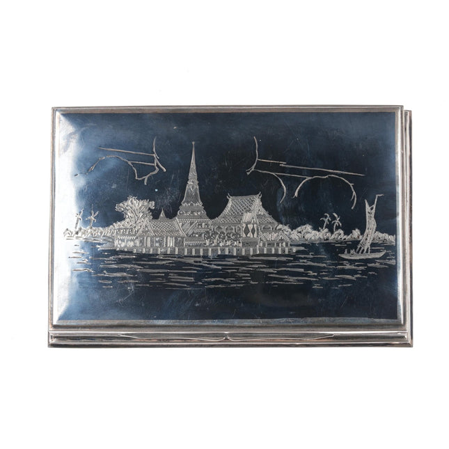 Bangkok Siam Sterling silver niello jewelry box with temple harbor scene - Estate Fresh Austin