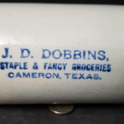 Blue and White Stoneware Cameron, Texas Advertising Rolling Pin c.1905 j.d. Robb - Estate Fresh Austin