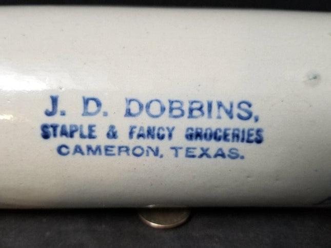Blue and White Stoneware Cameron, Texas Advertising Rolling Pin c.1905 j.d. Robb - Estate Fresh Austin