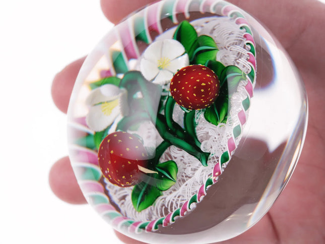 Bob Banford Strawberries with blooms lampwork paperweight - Estate Fresh Austin