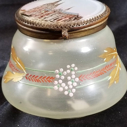 Bohemian Enameled glass With Reverse Painted Cologne Cathedral Lid Hinged Dresse - Estate Fresh Austin