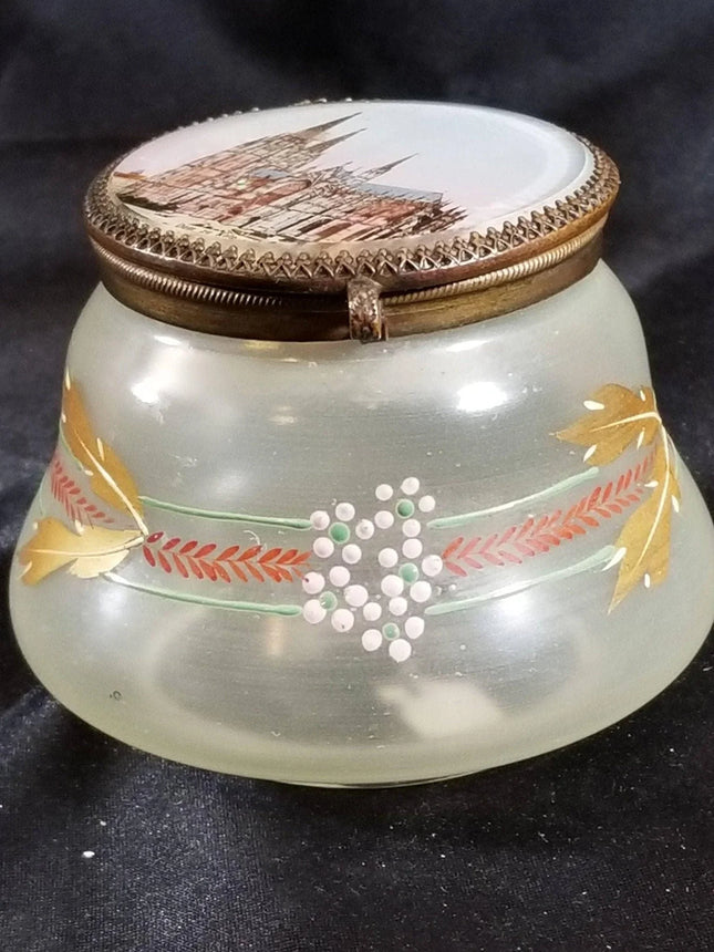 Bohemian Enameled glass With Reverse Painted Cologne Cathedral Lid Hinged Dresse - Estate Fresh Austin