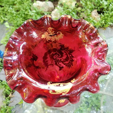 Bohemian Ruby Cranberry Gold Enameled Jack in the Pulpit Vase Ruffled 16.75" Gia - Estate Fresh Austin