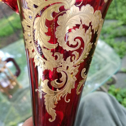 Bohemian Ruby Cranberry Gold Enameled Jack in the Pulpit Vase Ruffled 16.75" Gia - Estate Fresh Austin