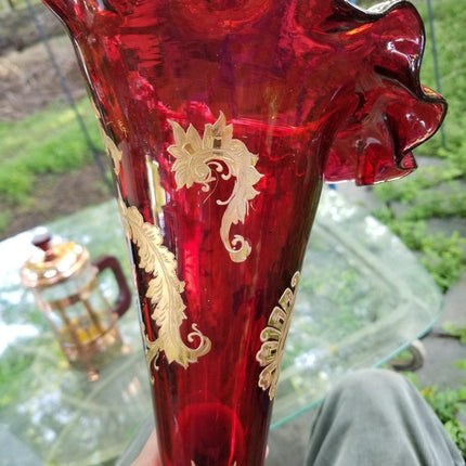 Bohemian Ruby Cranberry Gold Enameled Jack in the Pulpit Vase Ruffled 16.75" Gia - Estate Fresh Austin