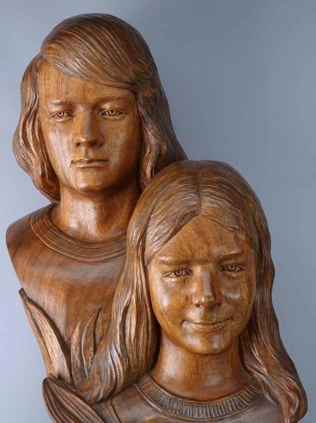 Brother and Sister Carved Wood Bust Statue by Florentino Hensen Guagua Pampanga - Estate Fresh Austin