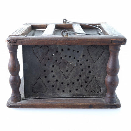 C1800 Colonial American Folk Art Foot Warmer Punched Tin Hearts, Mortised Column - Estate Fresh Austin