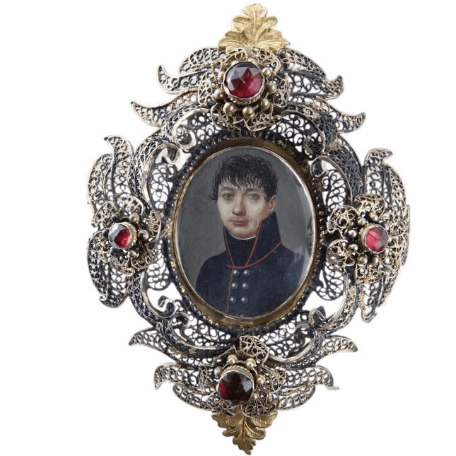 c1800 Portrait Miniature of Swiss/Prussian Soldier in Gilt silver filigree frame - Estate Fresh Austin