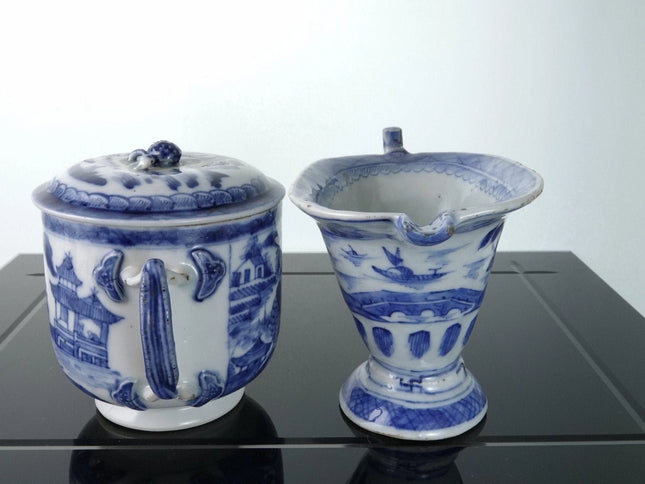 c1830 Chinese Blue and White Porcelain Canton Helmet creamer and Sugar bowl - Estate Fresh Austin