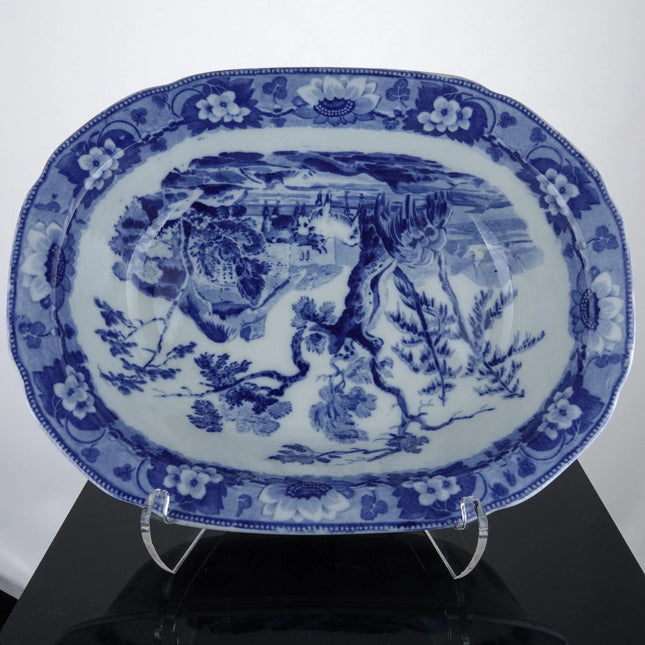 c1830 Davenport Blue Transferware Large Serving Bowl with Cattle Cows Farmhouse - Estate Fresh Austin
