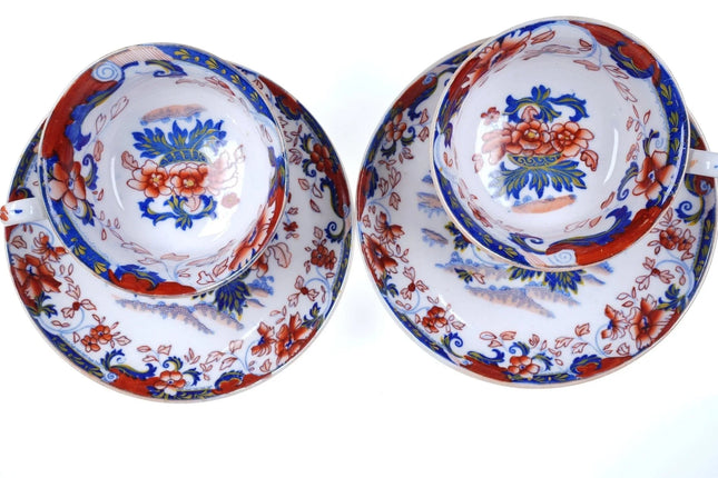 c.1830 Minton Amherst Japan Stone China Chinoisiere Imari style Tea cups and sau - Estate Fresh Austin