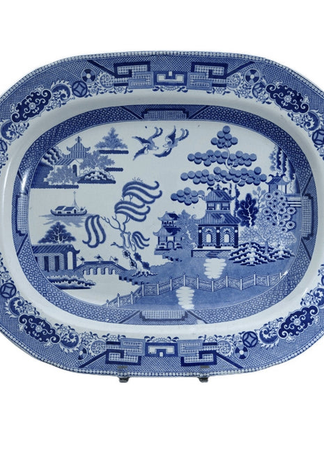 c1840 19.5" Blue Willow Turkey Platter 19.5" x 15.5" Impressed Crown Mark - Estate Fresh Austin