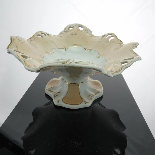 c1840 Staffordshire Hand Painted Gold and Scenic Reticulated Compote - Estate Fresh Austin