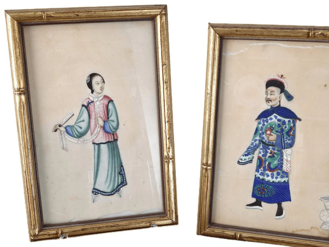 c1850 Antique Chinese Pith Watercolor/Gauche Paintings on rice paper framed earl - Estate Fresh Austin
