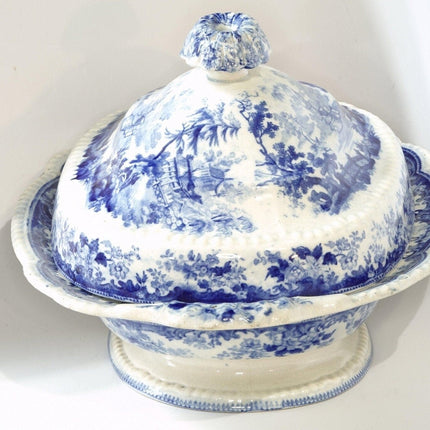 c.1850 Blue Transferware Covered Vegetable dish Chinoiserie pattern - Estate Fresh Austin