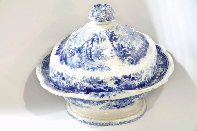 c.1850 Blue Transferware Covered Vegetable dish Chinoiserie pattern - Estate Fresh Austin