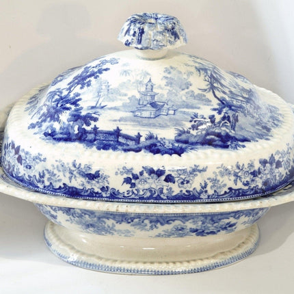 c.1850 Blue Transferware Covered Vegetable dish Chinoiserie pattern - Estate Fresh Austin