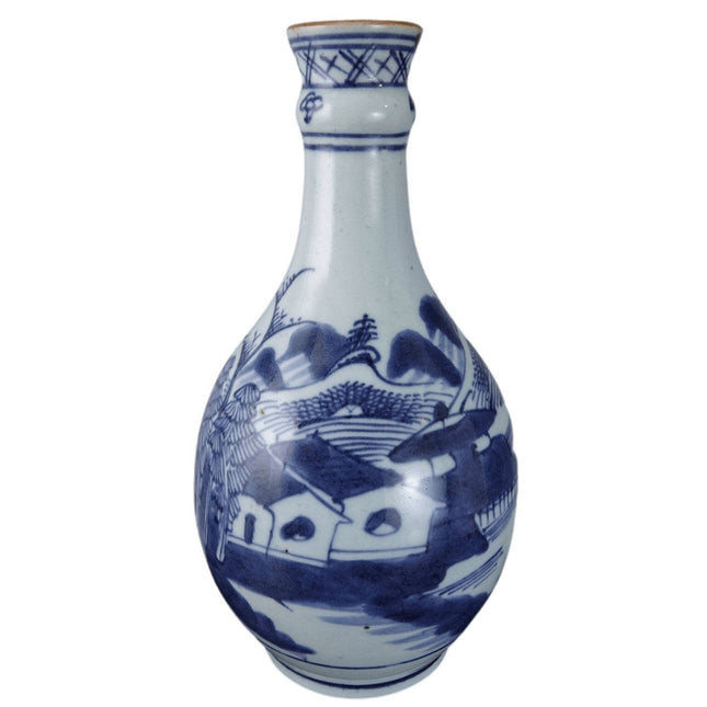 c1850 Chinese Blue and White Porcelain Canton Bottle Form Vase - Estate Fresh Austin