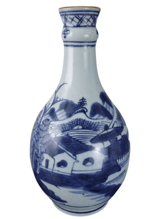 c1850 Chinese Blue and White Porcelain Canton Bottle Form Vase - Estate Fresh Austin