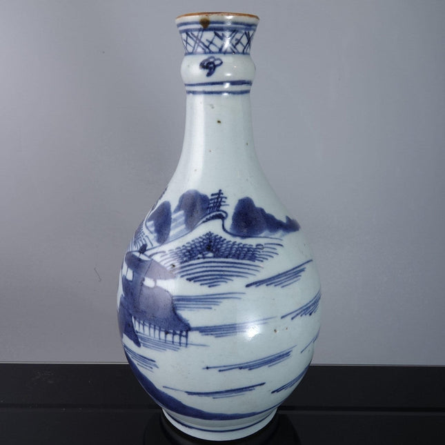 c1850 Chinese Blue and White Porcelain Canton Bottle Form Vase - Estate Fresh Austin