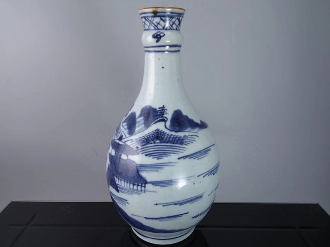 c1850 Chinese Blue and White Porcelain Canton Bottle Form Vase - Estate Fresh Austin