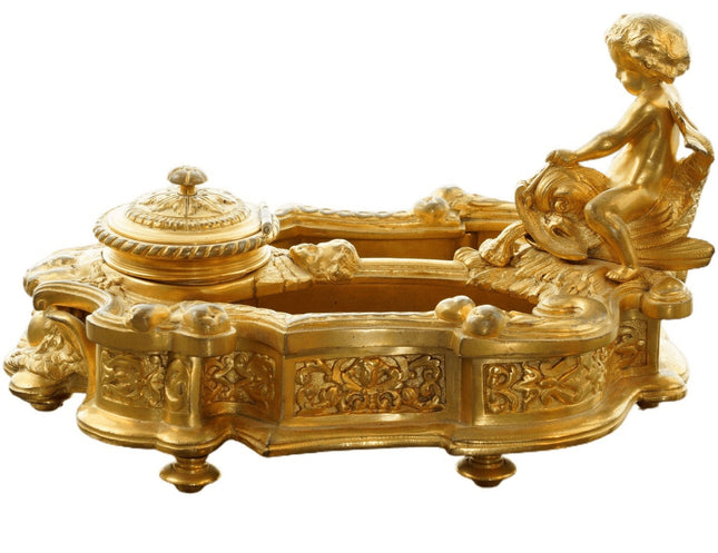 c1850 French Gilt Bronze Inkwell Putto on Fish, over the top - Estate Fresh Austin