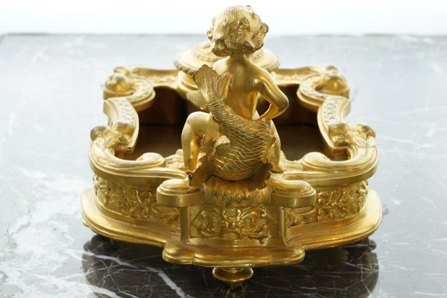 c1850 French Gilt Bronze Inkwell Putto on Fish, over the top - Estate Fresh Austin
