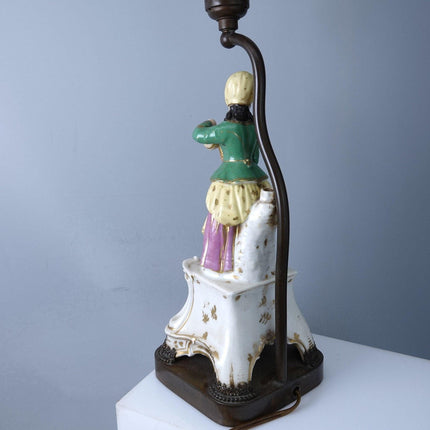 c1850 Old Paris Porcelain Figure Woman Pouring Tea Made into Electric Lamp - Estate Fresh Austin