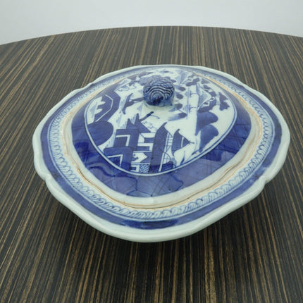 c1850s Chinese Canton Blue and White Covered Vegetable Dish with Lid - Estate Fresh Austin