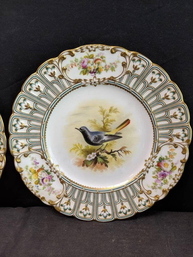 c1855 Minton Hand Painted Bird Plates in Devon Shape 9.5" pair - Estate Fresh Austin