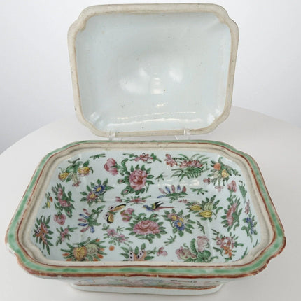 C1860 antique chinese famille rose medallion covered serving dish 9.5" wide x 6" - Estate Fresh Austin