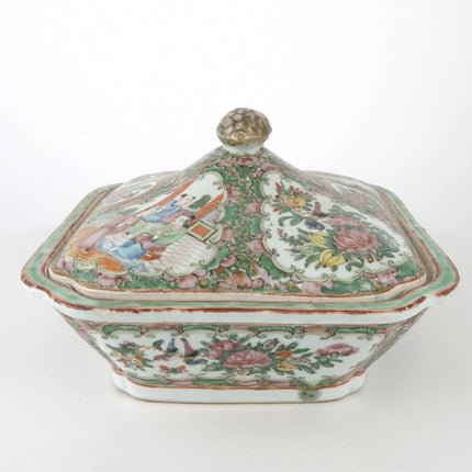 C1860 antique chinese famille rose medallion covered serving dish 9.5" wide x 6" - Estate Fresh Austin