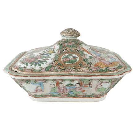 C1860 antique chinese famille rose medallion covered serving dish 9.5" wide x 6" - Estate Fresh Austin