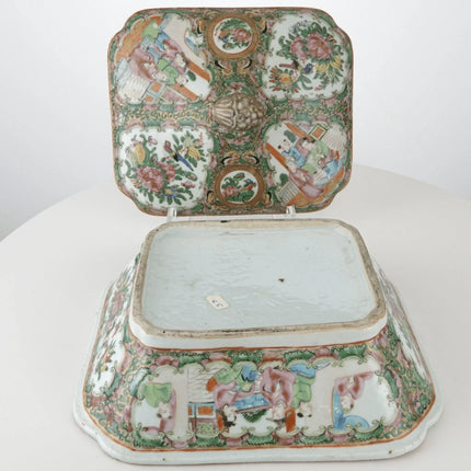 C1860 antique chinese famille rose medallion covered serving dish 9.5" wide x 6" - Estate Fresh Austin