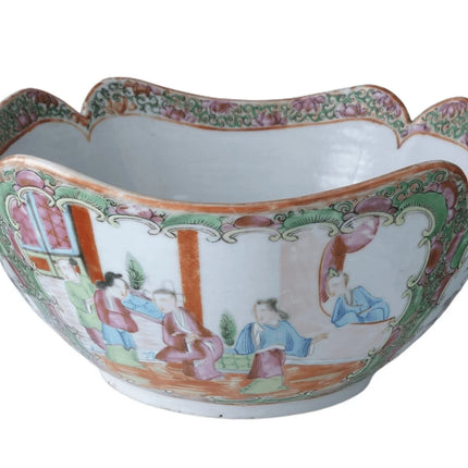 c1860 Antique Chinese Famille Rose Medallion Lobed Cut Corner Serving bowl - Estate Fresh Austin