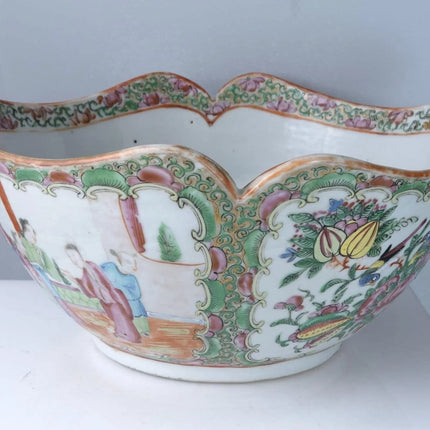 c1860 Antique Chinese Famille Rose Medallion Lobed Cut Corner Serving bowl - Estate Fresh Austin