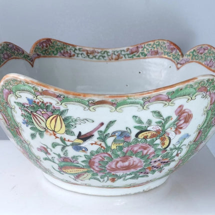 c1860 Antique Chinese Famille Rose Medallion Lobed Cut Corner Serving bowl - Estate Fresh Austin