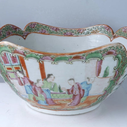 c1860 Antique Chinese Famille Rose Medallion Lobed Cut Corner Serving bowl - Estate Fresh Austin