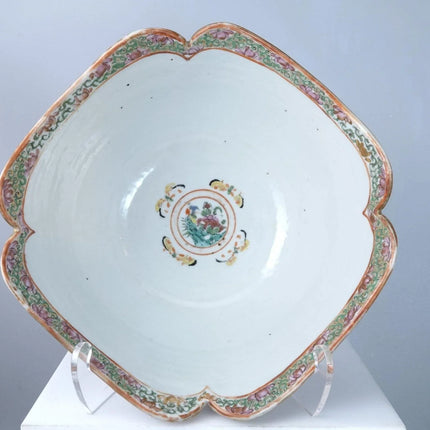 c1860 Antique Chinese Famille Rose Medallion Lobed Cut Corner Serving bowl - Estate Fresh Austin