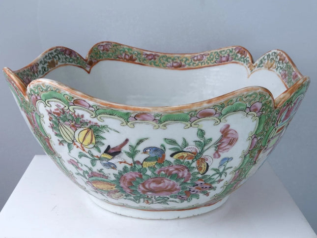 c1860 Antique Chinese Famille Rose Medallion Lobed Cut Corner Serving bowl - Estate Fresh Austin