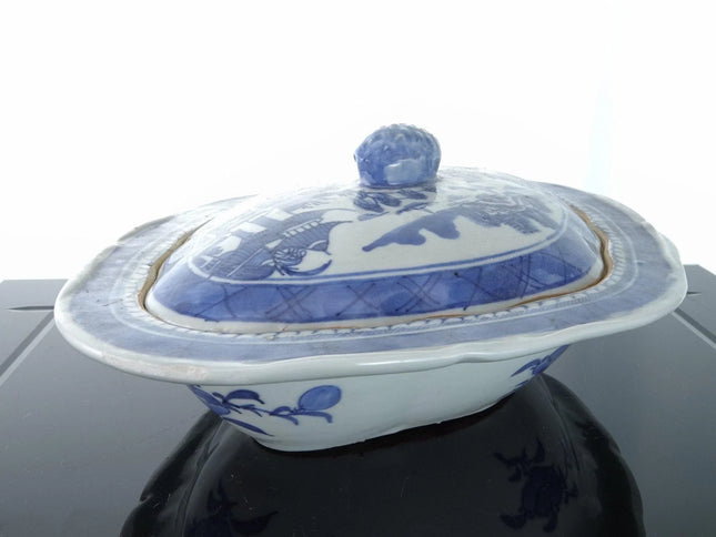 c1860 Chinese Canton Blue and White Covered Vegetable Dish with Lid - Estate Fresh Austin